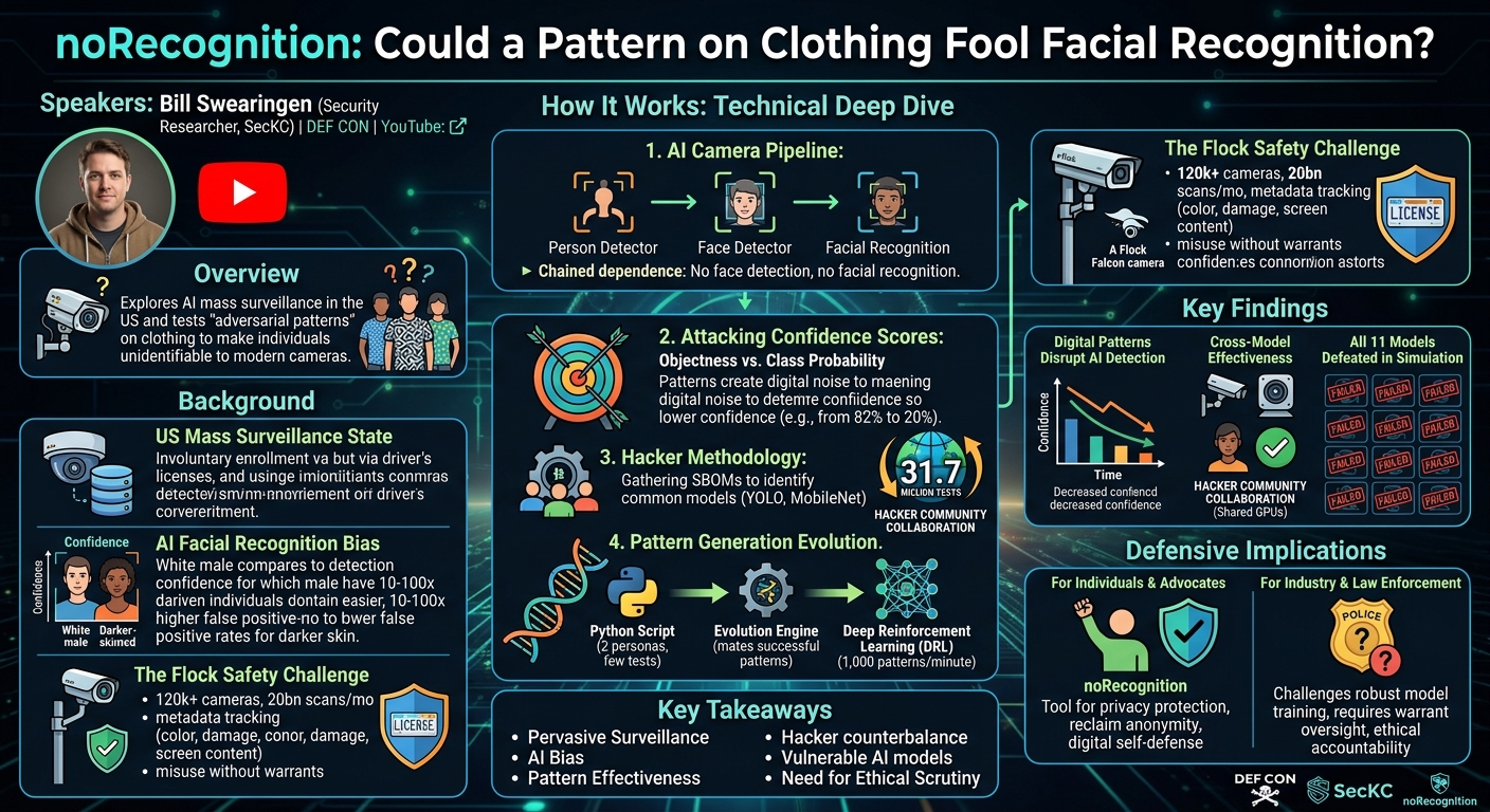 Visual summary for noRecognition: Could a Pattern on Clothing Fool Facial Recognition? by Bill Swearingen