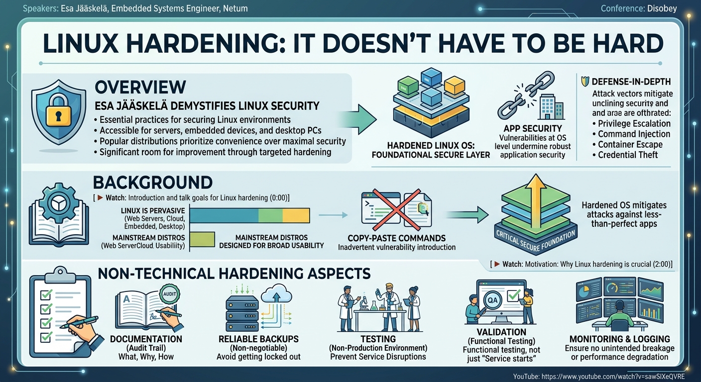 Visual summary for Linux Hardening: It Doesn't Have To Be Hard - Esa Jääskelä by Esa Jääskelä