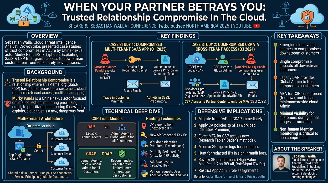 Visual summary for When Your Partner Betrays You - Trusted Relationship Compromise In The Cloud by Sebastian Walla
