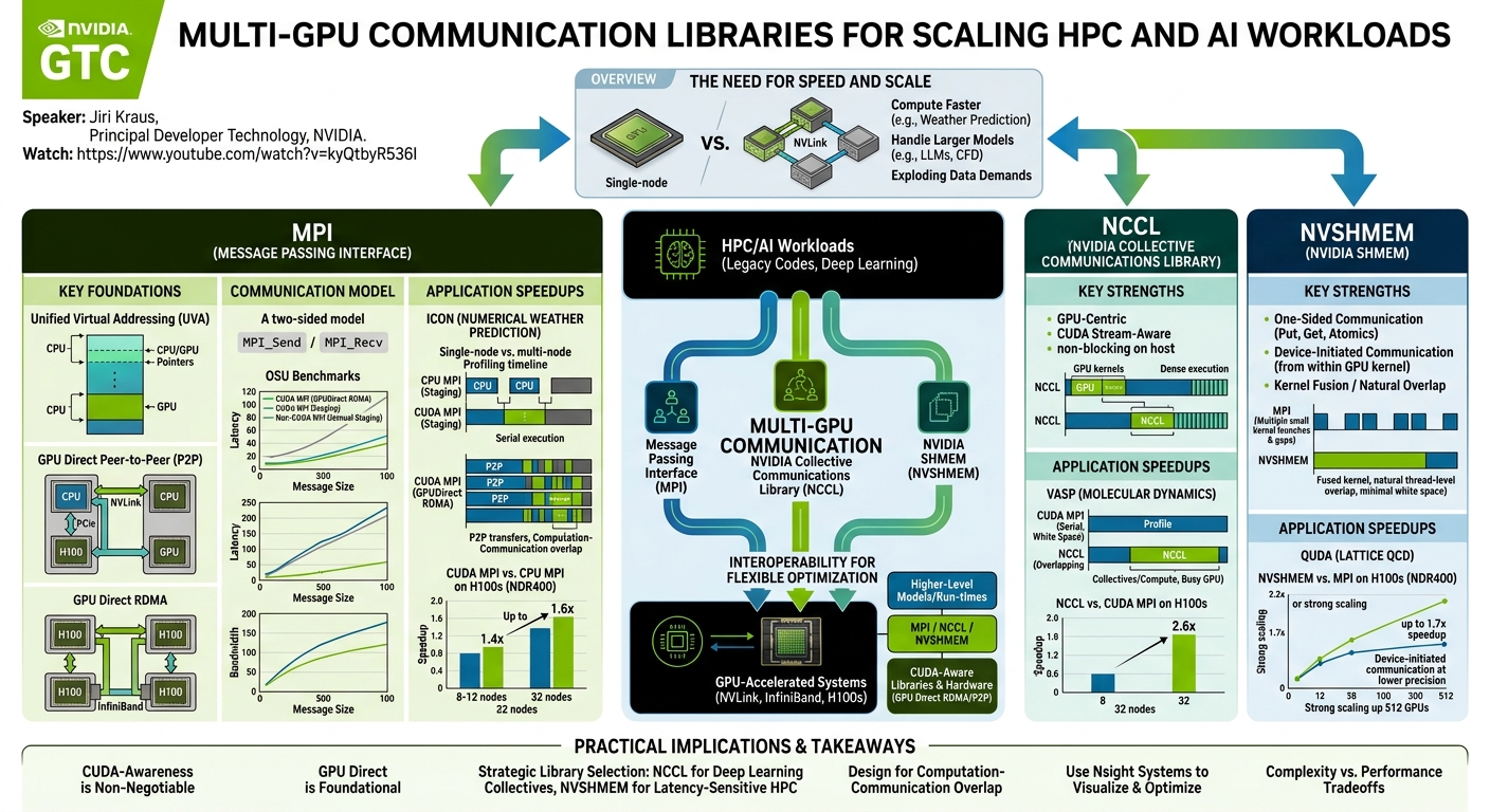 Visual summary for Multi-GPU Communication Libraries for Scaling HPC and AI Workloads | NVIDIA GTC 2025 by Jiri Kraus