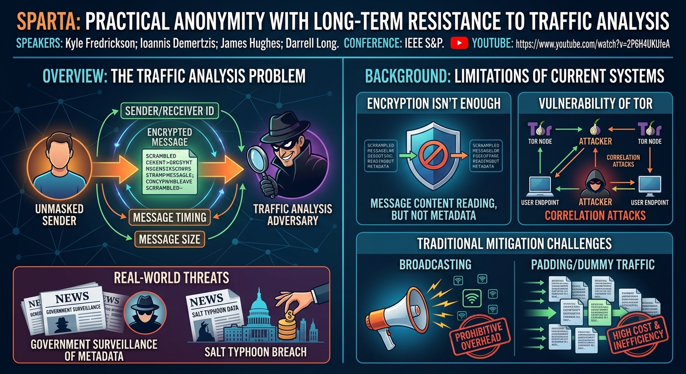 Visual summary for Sparta: Practical Anonymity with Long-Term Resistance to Traffic Analysis by Kyle Fredrickson, Ioannis Demertzis, James Hughes, Darrell Long