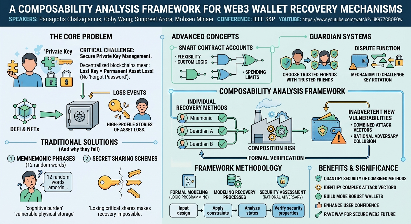 Visual summary for A Composability Analysis Framework for Web3 Wallet Recovery Mechanisms by Panagiotis Chatzigiannis, Coby Wang, Sunpreet Arora, Mohsen Minaei