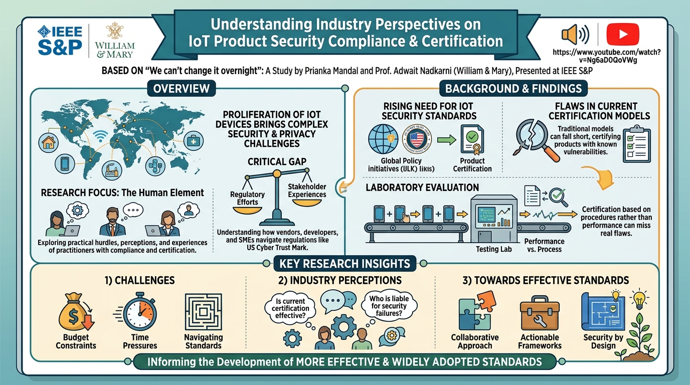 Visual summary for “We can’t change it overnight”: Understanding Industry Perspectives on IoT Product Security Compliance and Certification by Prianka Mandal, Adwait NadkarniWilliam & Mary
