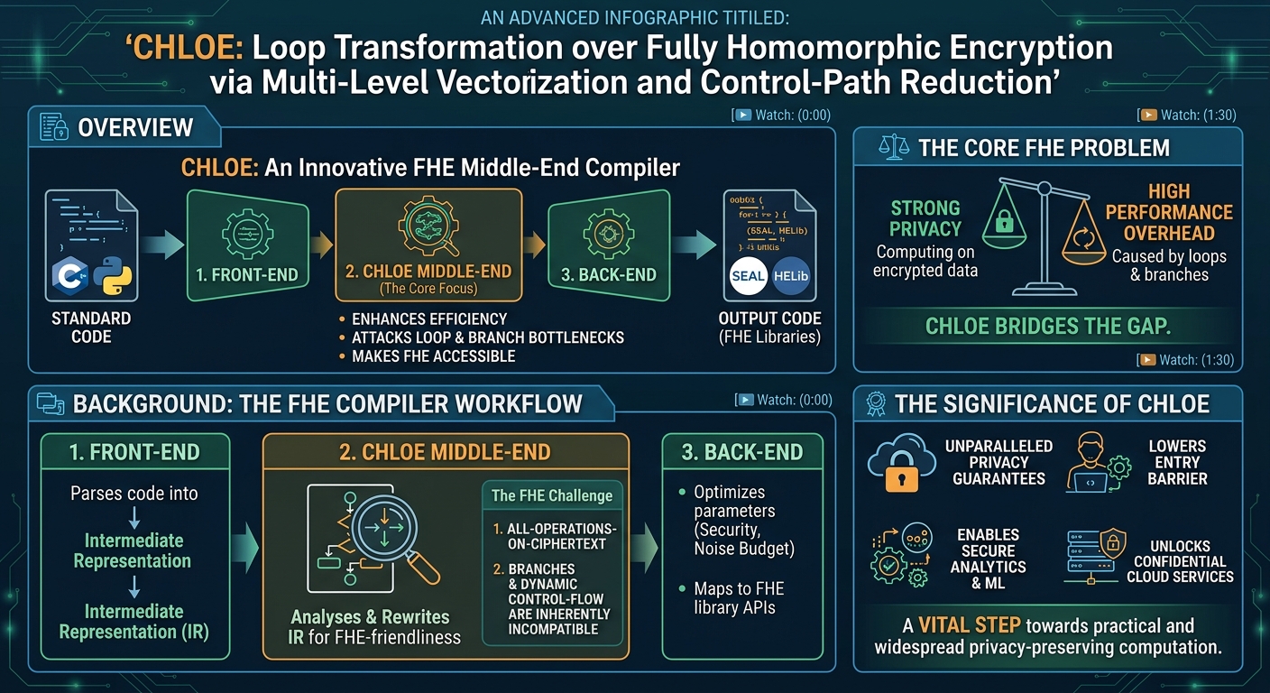 Visual summary for CHLOE: Loop Transformation over Fully Homomorphic Encryption via Multi-Level Vectorization and Control-Path Reduction by Song Bian, Zian Zhao, Ruiyu Shen, Zhou Zhang, Ran Mao, Dawei Li