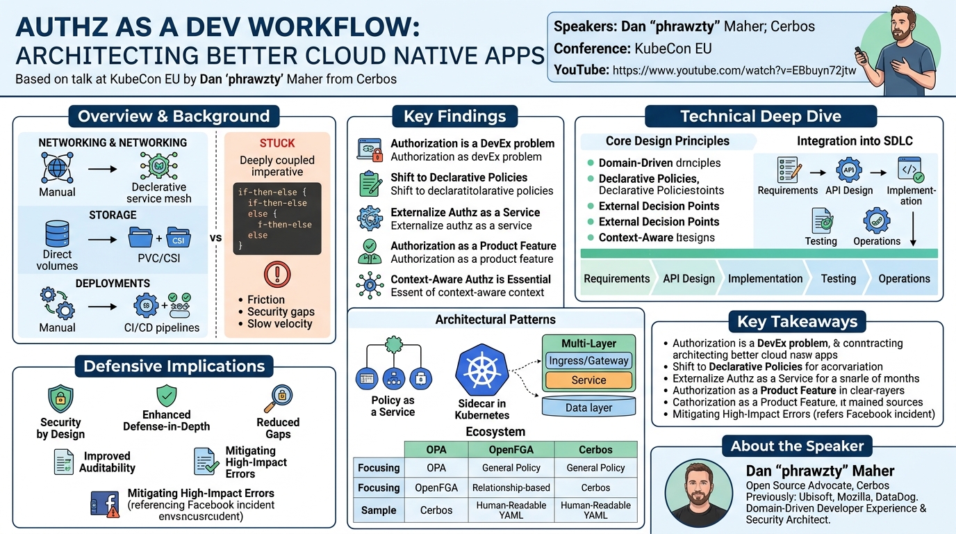 Visual summary for Authz as a Dev Workflow: Architecting Better Cloud Native Apps - Dan "phrawzty" Maher, Cerbos by Dan "phrawzty" Maher, Cerbos