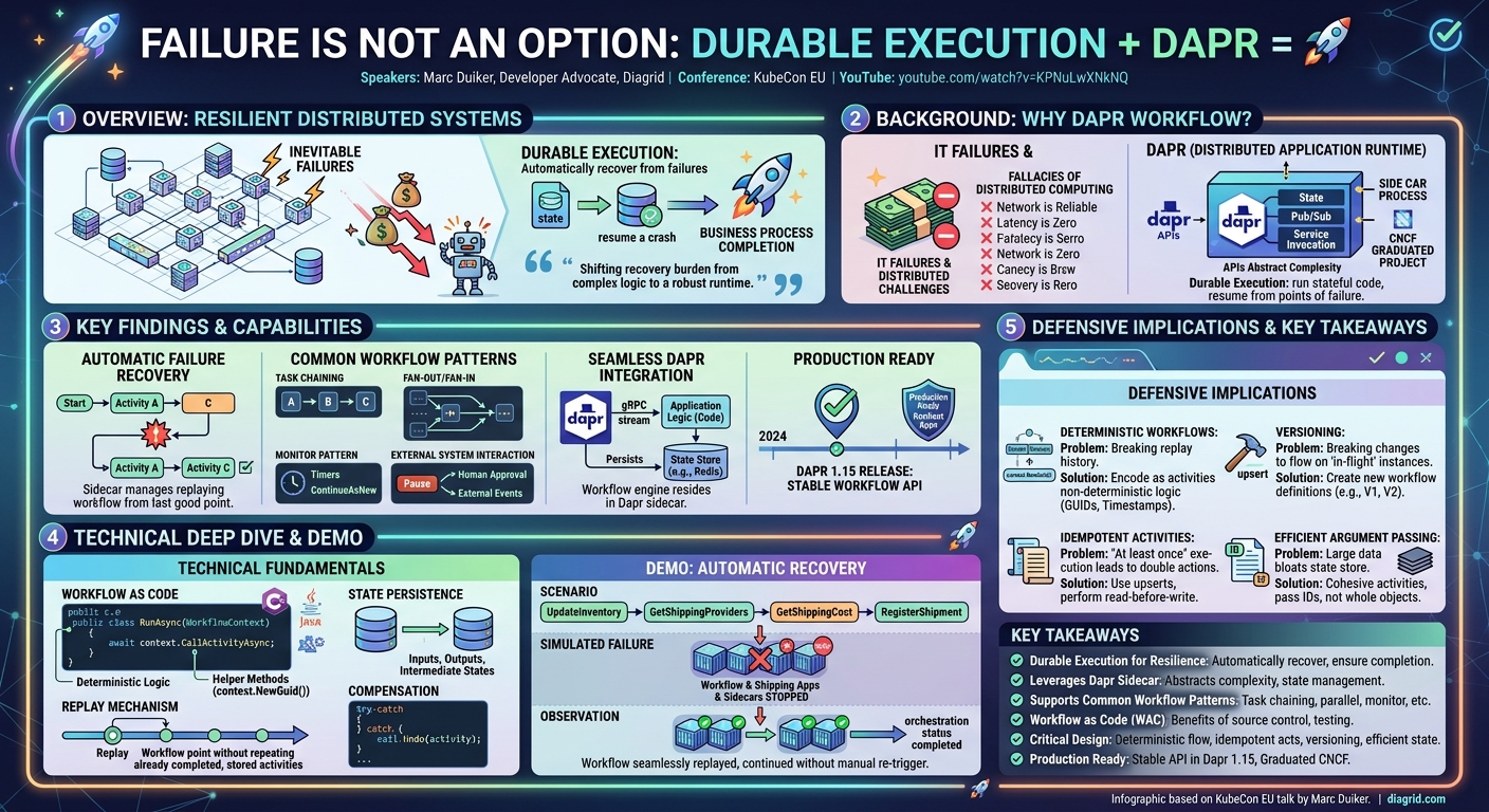 Visual summary for Failure Is Not an Option: Durable Execution + Dapr = π - Marc Duiker, Diagrid by Marc Duiker, Diagrid