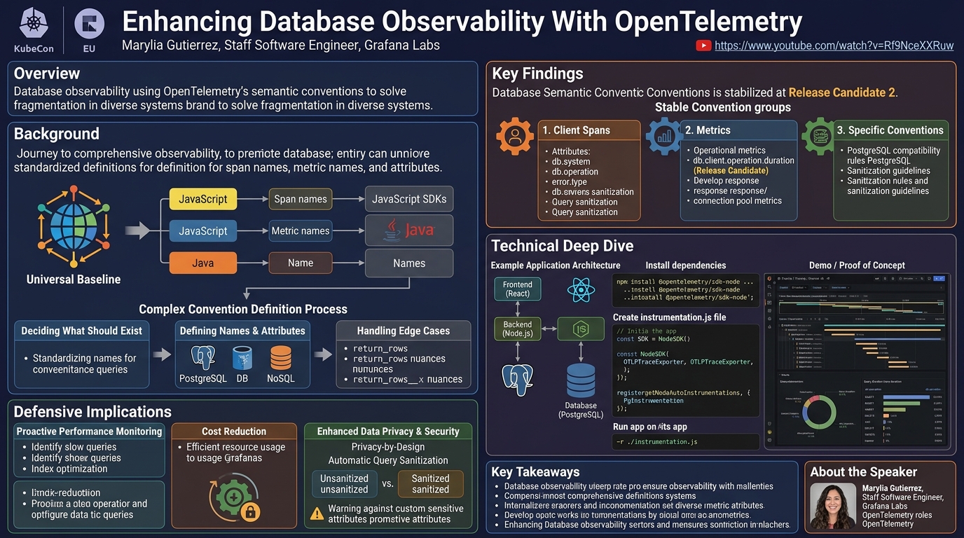 Visual summary for Enhancing Database Observability With OpenTelemetry - Marylia Gutierrez, Grafana Labs by Marylia Gutierrez, Grafana Labs