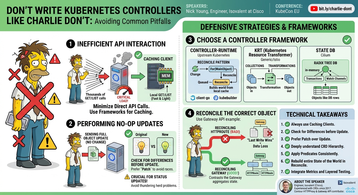 Visual summary for Don't Write Controllers Like Charlie Don't Does: Avoiding Common Kubernetes Controller... Nick Young by Nick Young