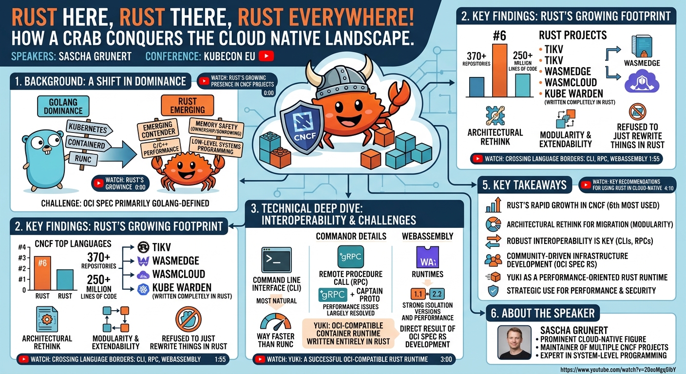 Visual summary for Lightning Talk: Rust Here, Rust There, Rust Everywhere! How a Crab Conquers the Cl... Sascha Grunert by Sascha Grunert