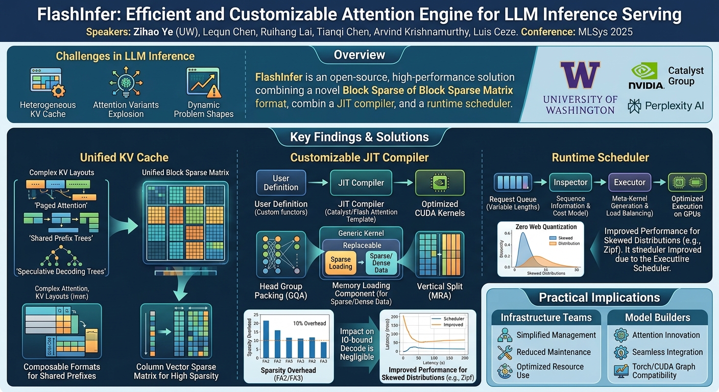 Visual summary for FlashInfer: Efficient and Customizable Attention Engine for LLM Inference Serving by Zihao Ye, Lequn Chen, Ruihang Lai, Tianqi Chen, Arvind Krishnamurthy, Luis Ceze
