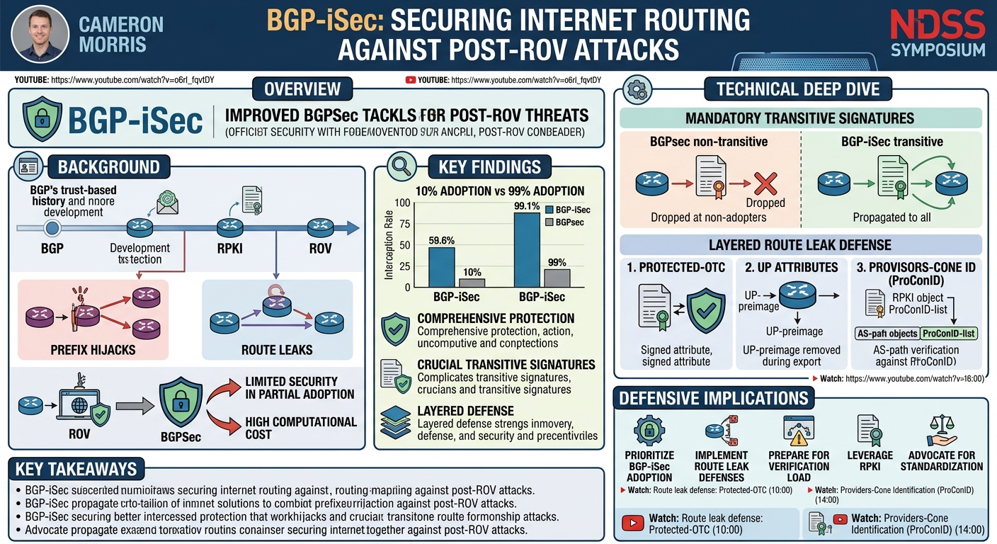 Visual summary for BGP-iSec: Improved Security of Internet Routing Against Post-ROV Attacks by Cameron Morris