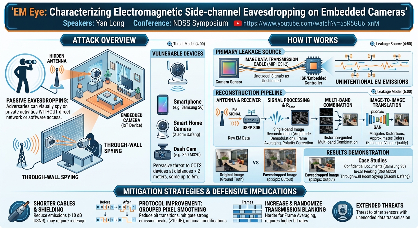 Visual summary for EM Eye: Characterizing Electromagnetic Side-channel Eavesdropping on Embedded Cameras by Yan Long