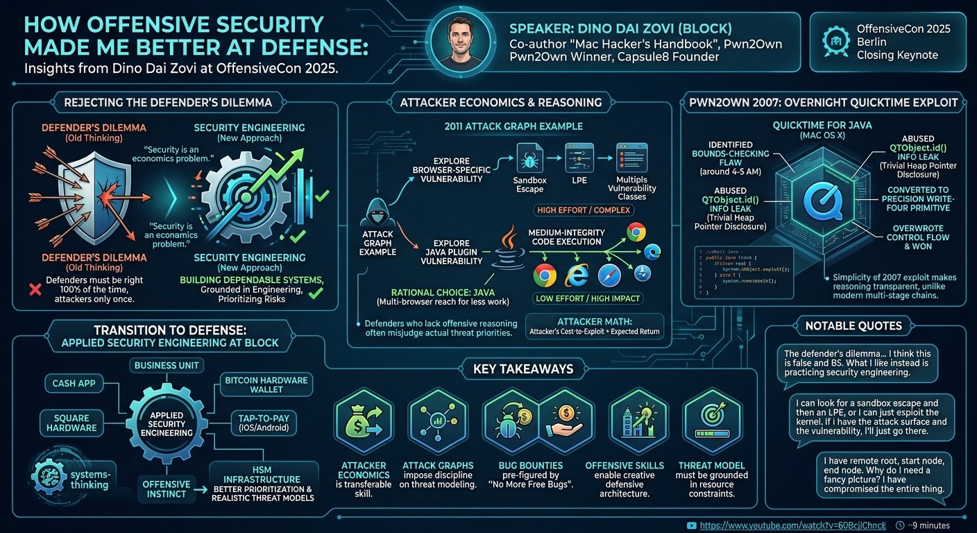 Visual summary for How Offensive Security Made Me Better at Defense by Dino Dai Zovi