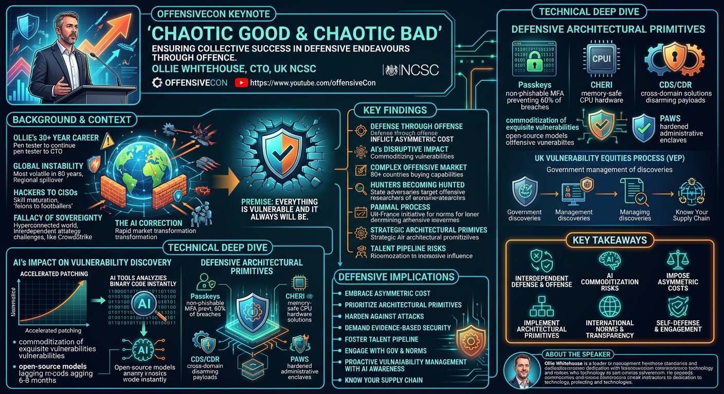 Visual summary for Keynote: Chaotic Good and Chaotic Bad — Ensuring Collective Success in Defensive Endeavours Through Offence by Ollie Whitehouse