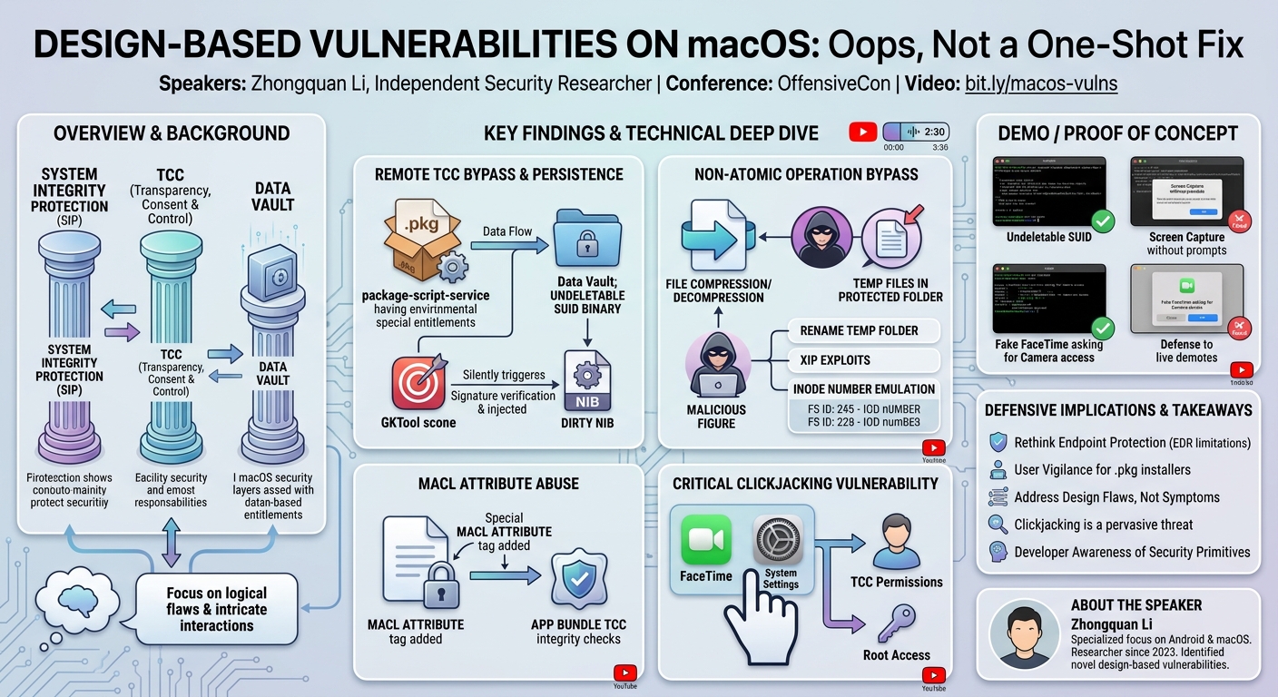 Visual summary for Design-Based Vulnerabilities on macOS: Oops, Not a One-Shot Fix by Zhongquan Li