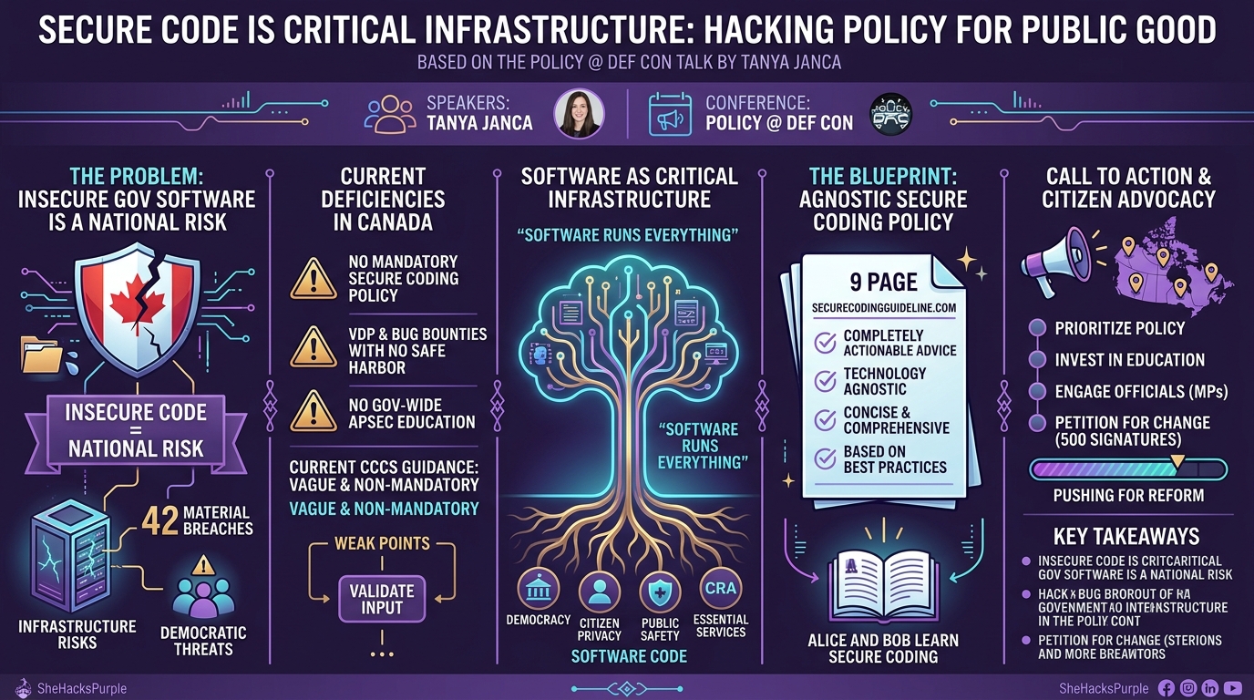 Visual summary for Secure Code Is Critical Infrastructure: Hacking Policy for Public Good by Tanya Janca