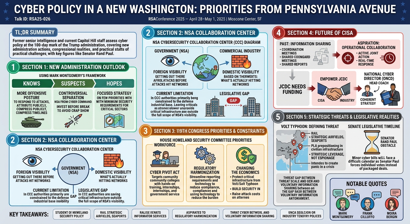 Visual summary for Cyber Policy in a New Washington: Priorities from Pennsylvania Avenue by George Barnes, Frank Cilluffo, Mark Montgomery, Alexandra Seymour, Moira Bergin