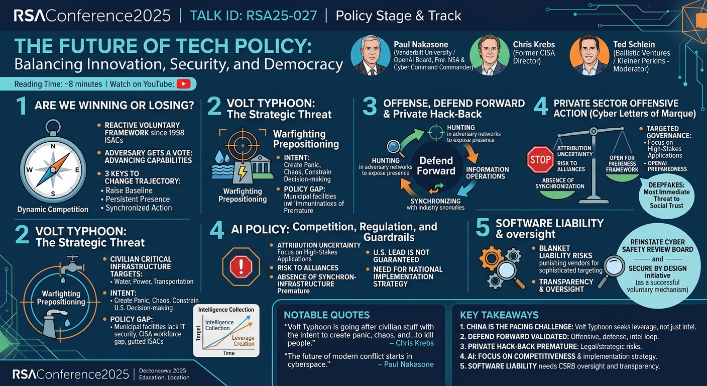 Visual summary for The Future of Tech Policy: Balancing Innovation, Security, and Regulation by Paul Nakasone, Chris Krebs, Ted Schlein