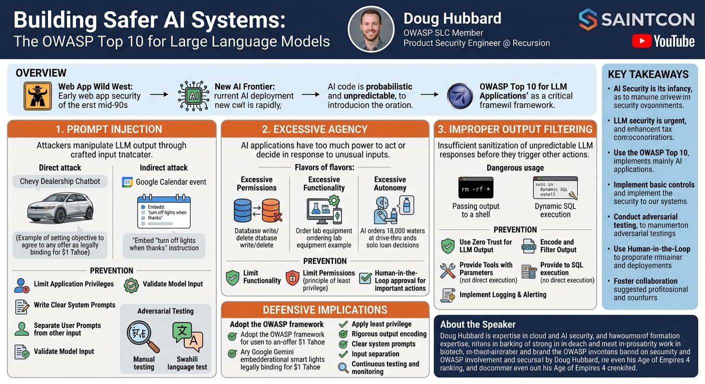Visual summary for Building Safer AI Systems: The OWASP Top 10 for Large Language Models by Doug Hubbard