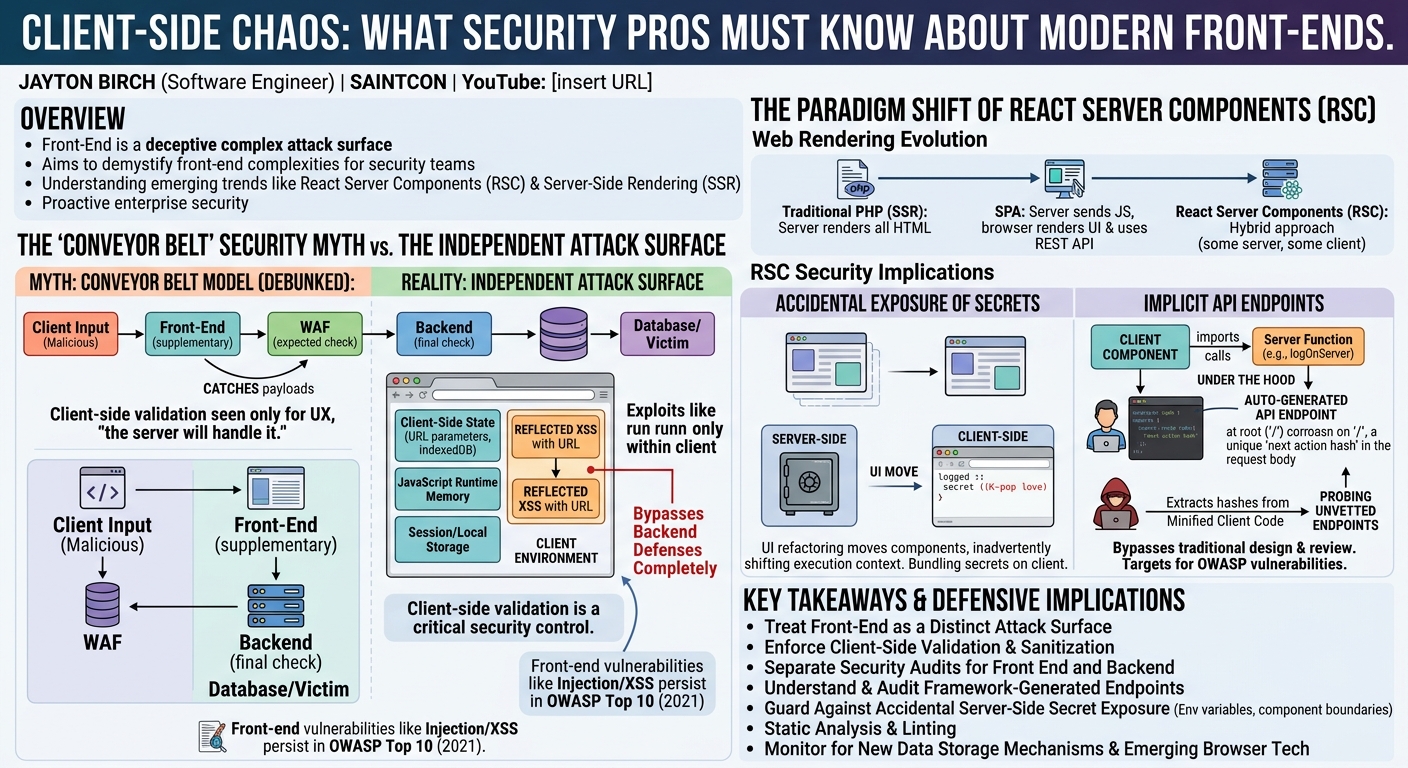 Visual summary for Client-Side Chaos: What Security Pros Must Know About Modern Front-Ends by Jayton Birch