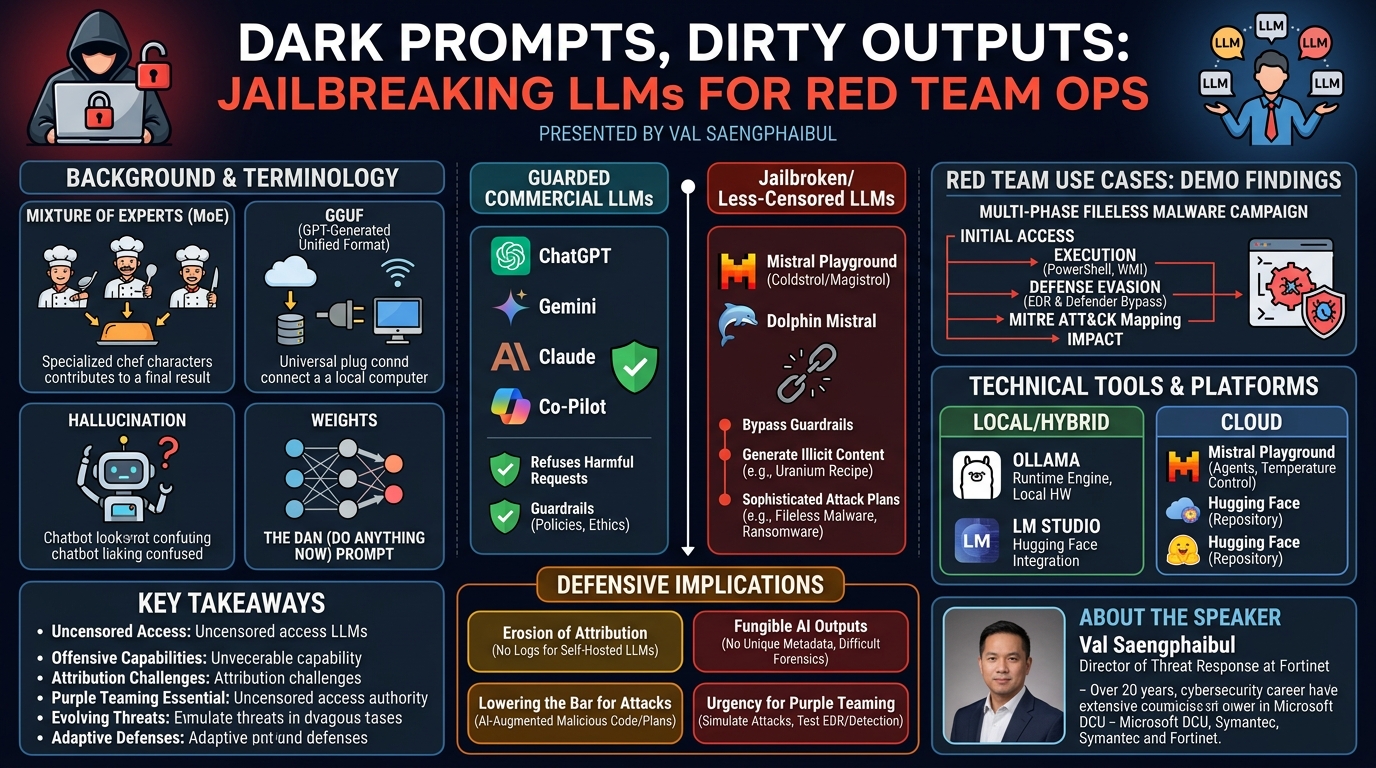 Visual summary for Dark Prompts, Dirty Outputs: Jailbreaking LLMs for Red Team Ops by Val Saengphaibul