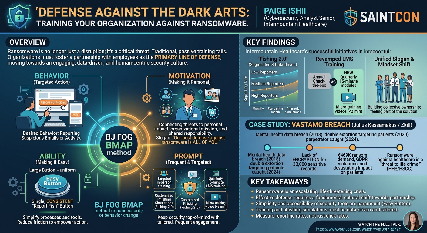 Visual summary for Defense Against the Dark Arts, training your organization against ransomware. by Paige Ishii