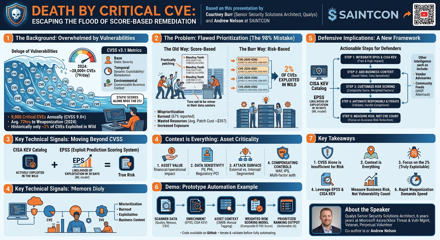 Visual summary for Death by Critical CVE: Escaping the Flood of Score-Based Remediation by Courtney Burr