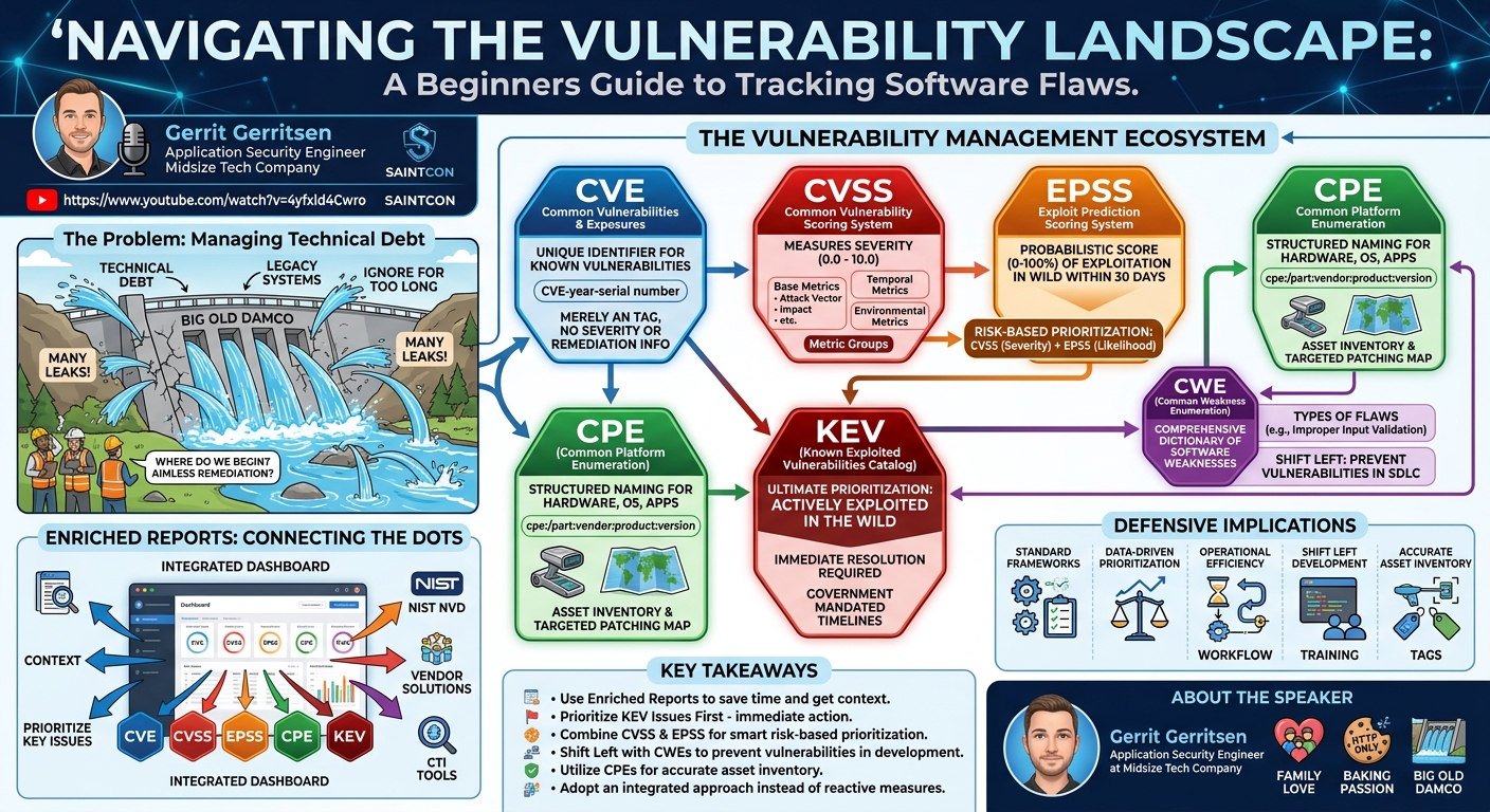 Visual summary for Navigating the Vulnerability Landscape: A Beginners Guide to Tracking Software Flaws by Gerrit Gerritsen