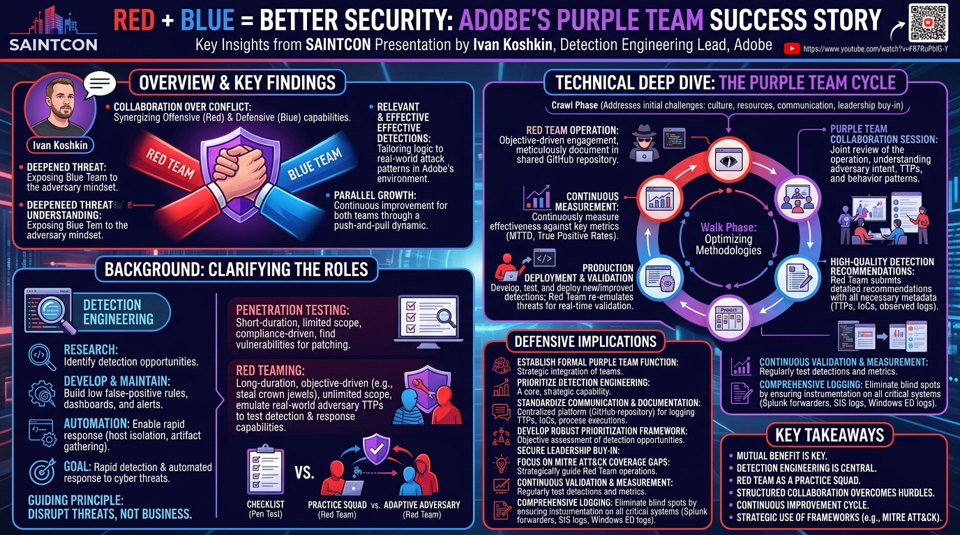 Visual summary for Red + Blue = Better Security: Adobe's Purple Team Success Story by Ivan Koshkin