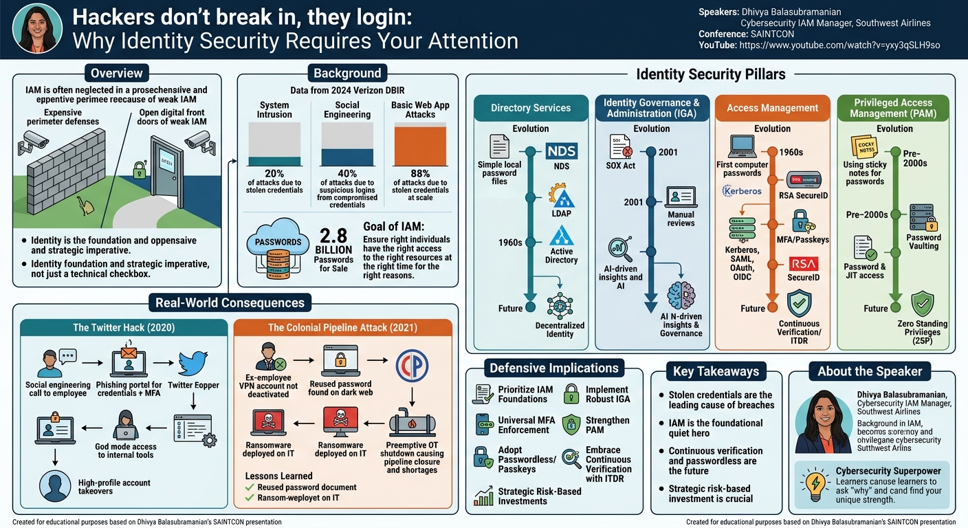 Visual summary for Hackers don’t break in, they login: Why Identity Security Requires Your Attention by Dhivya Balasubramanian