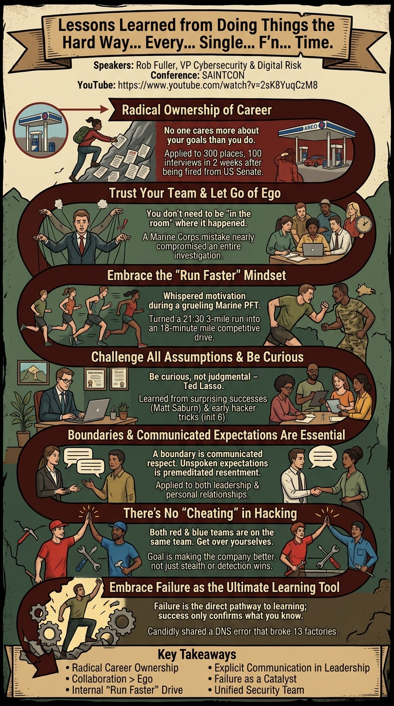 Visual summary for Lessons Learned from Doing Things the Hard Way… Every… Single… F'n... Time. by Rob Fuller