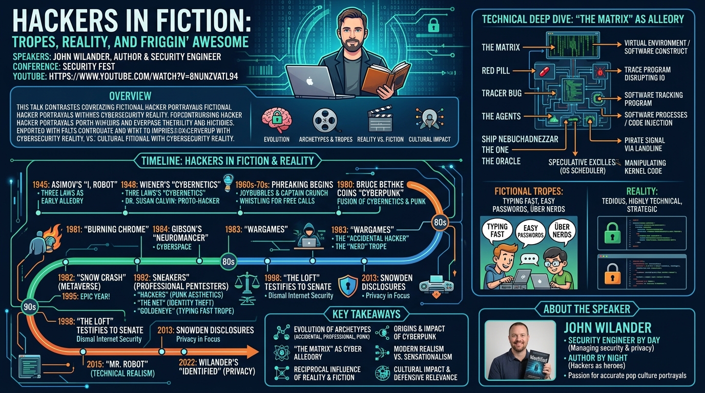 Visual summary for Hackers in Fiction: Tropes, Reality, and Friggin' Awesome by John Wilander