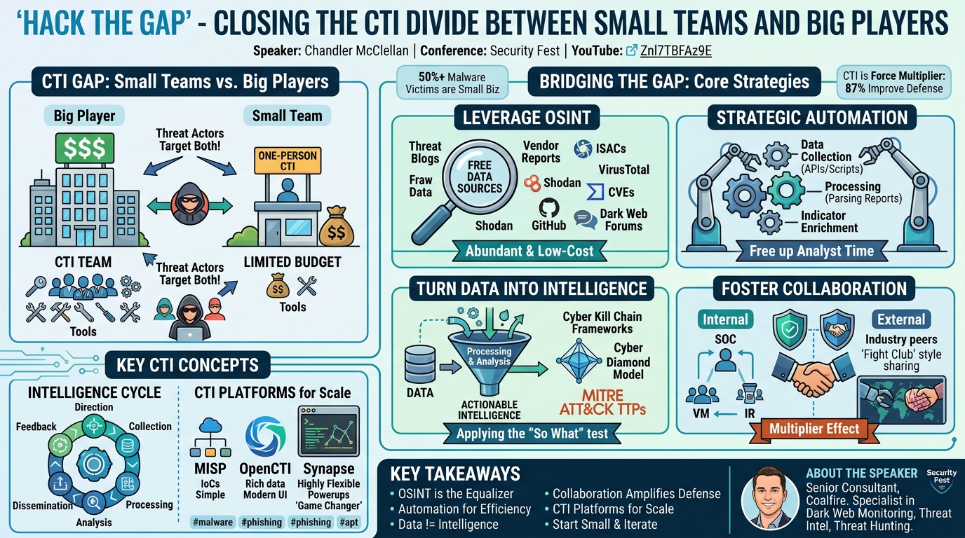 Visual summary for Hack the Gap - Closing the CTI Divide Between Small Teams and Big Players by Chandler McClellan
