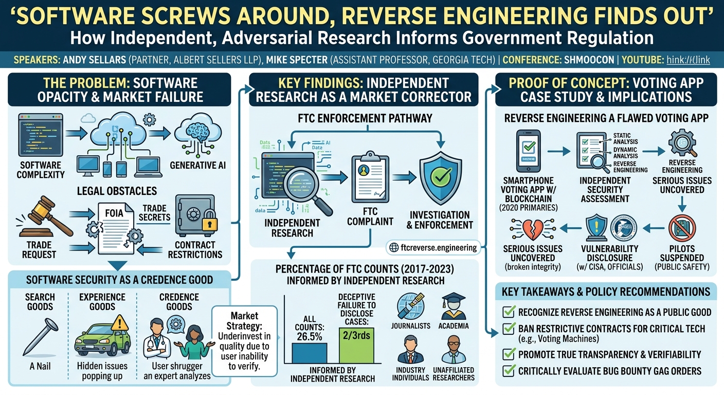 Visual summary for Software Screws Around, Reverse Engineering Finds Out: How Independent, Adversarial Research Informs Government Regulation by Andy Sellars, Mike Specter