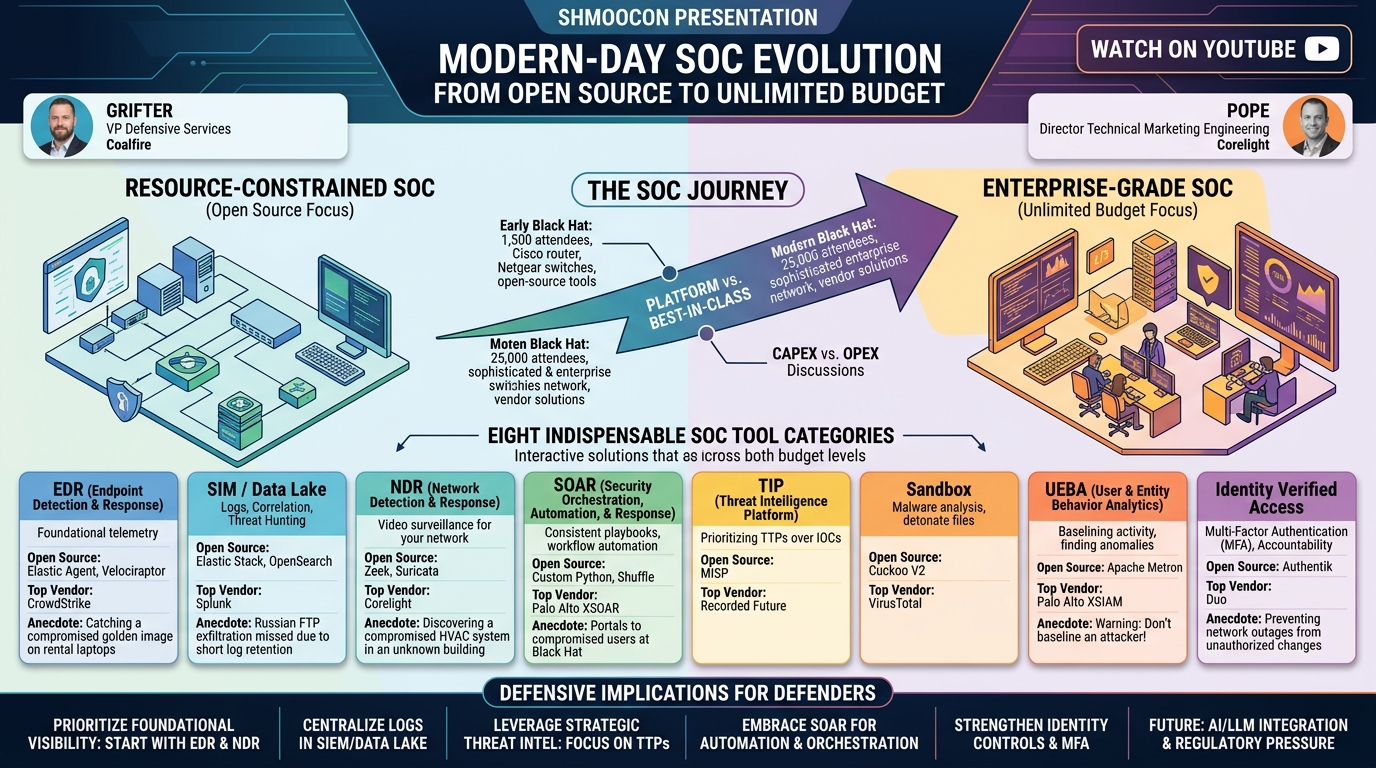Visual summary for Modern-day SOC Evolution from Open Source to Unlimited Budget by Grifter, pope