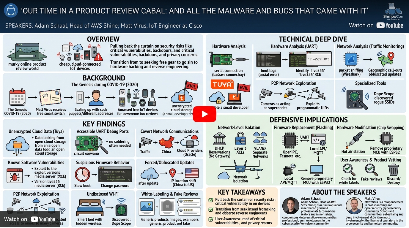 Visual summary for Our Time in a Product Review Cabal: And All the Malware and Bugs that Came With It by Adam Schaal, Matt Virus