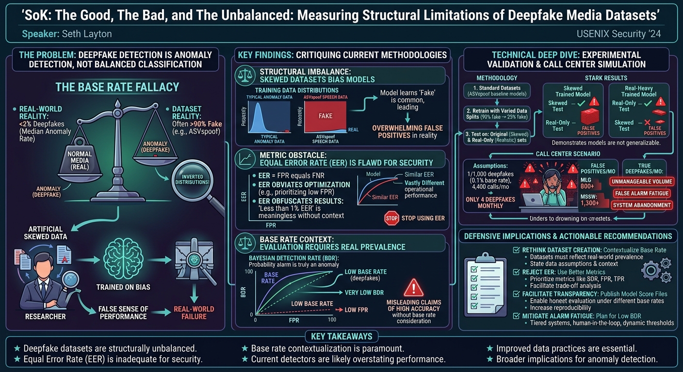 Visual summary for SoK: The Good, The Bad, and The Unbalanced: Measuring Structural Limitations of Deepfake Media Datasets by Seth Layton