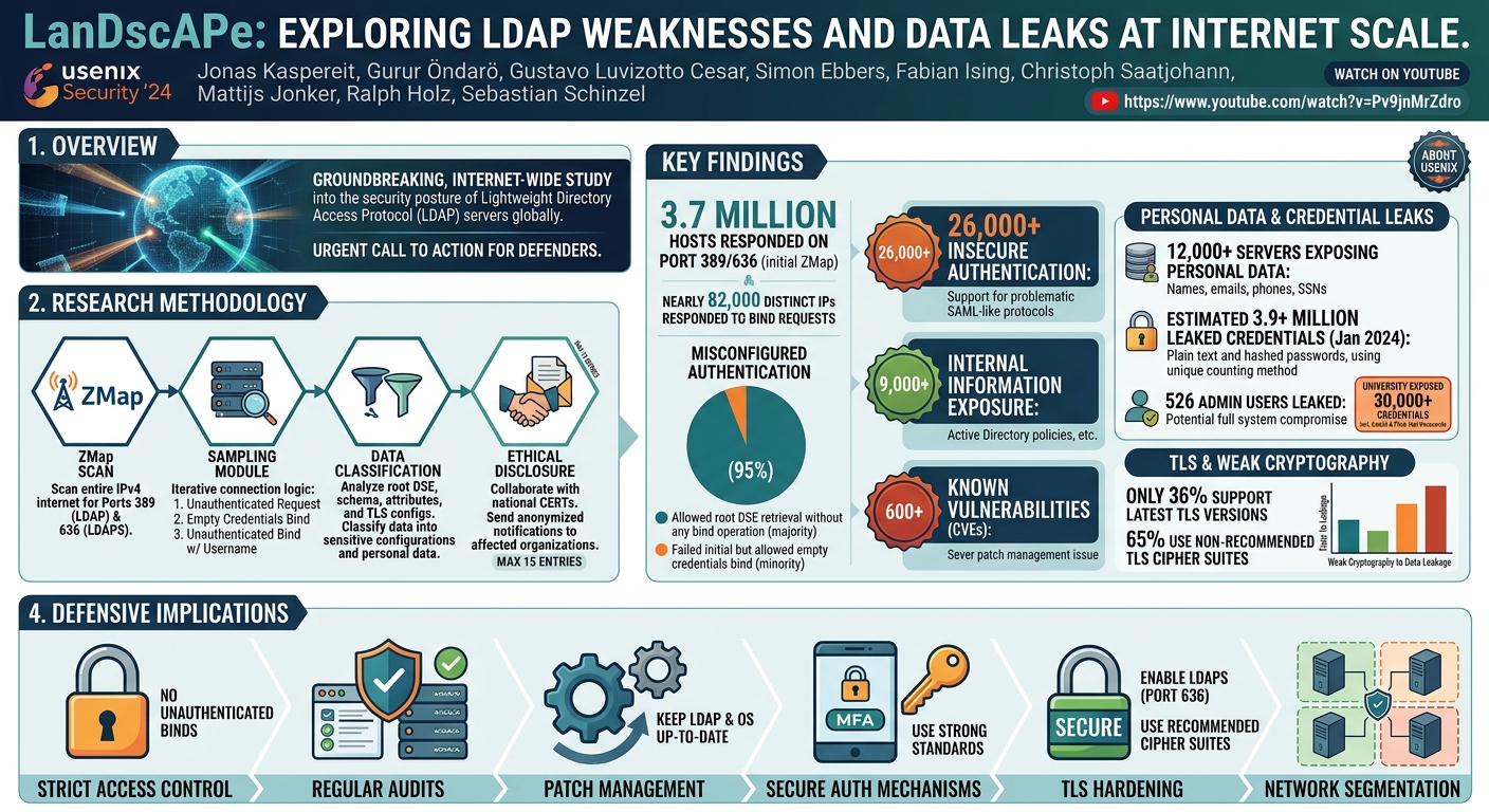 Visual summary for LanDscAPe: Exploring LDAP Weaknesses and Data Leaks at Internet Scale by Jonas Kaspereit, Gurur Öndarö, Gustavo Luvizotto Cesar, Simon Ebbers, Fabian Ising, Christoph Saatjohann, Mattijs Jonker, Ralph Holz, Sebastian Schinzel