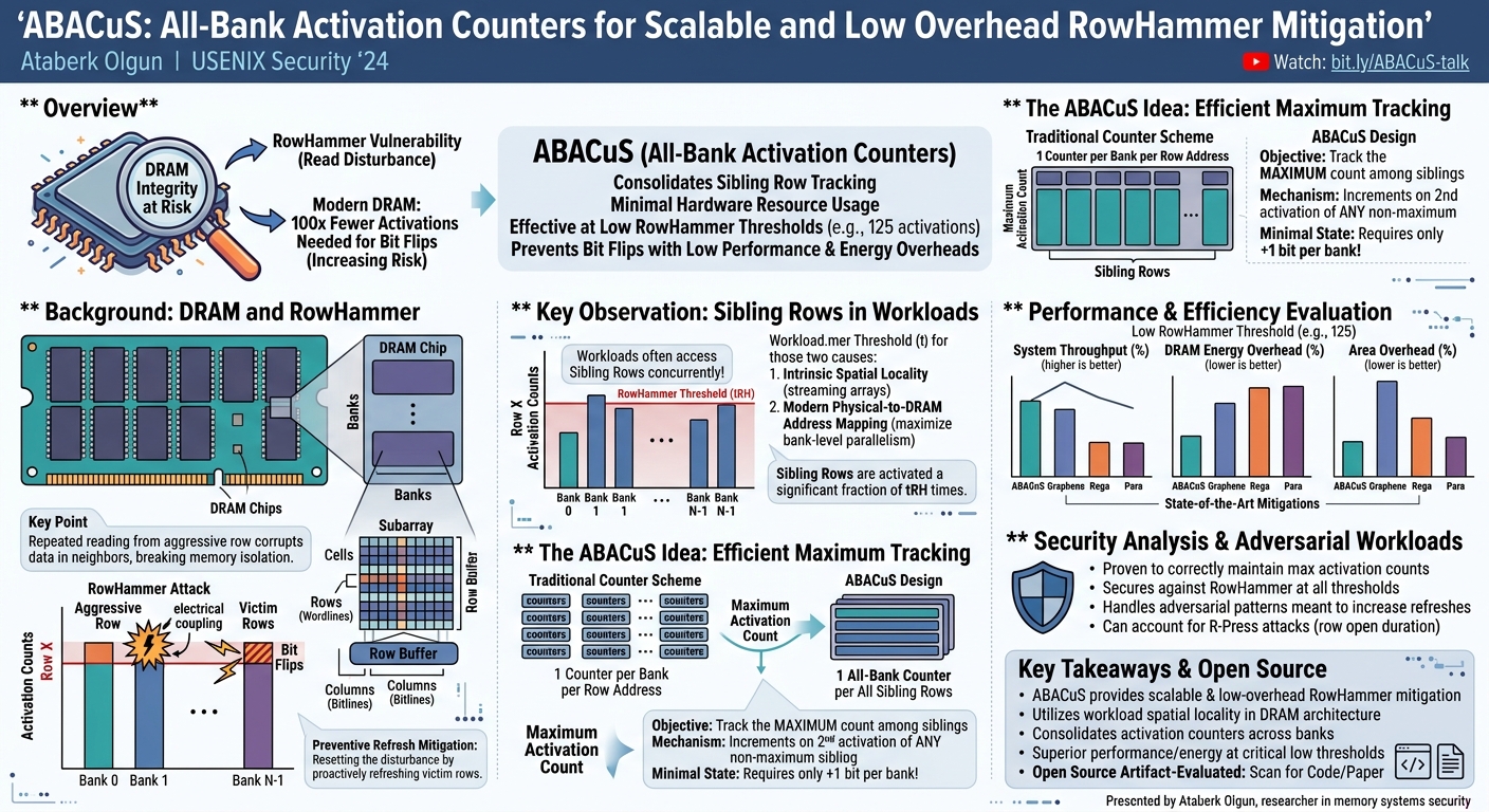 Visual summary for ABACuS: All-Bank Activation Counters for Scalable and Low Overhead RowHammer Mitigation by Ataberk Olgun