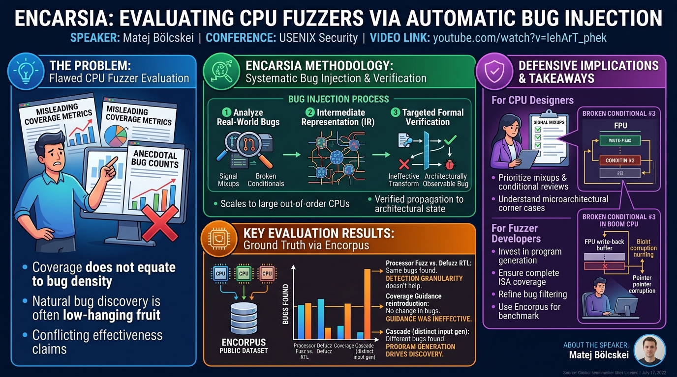 Visual summary for Encarsia: Evaluating CPU Fuzzers via Automatic Bug Injection by Matej Bölcskei