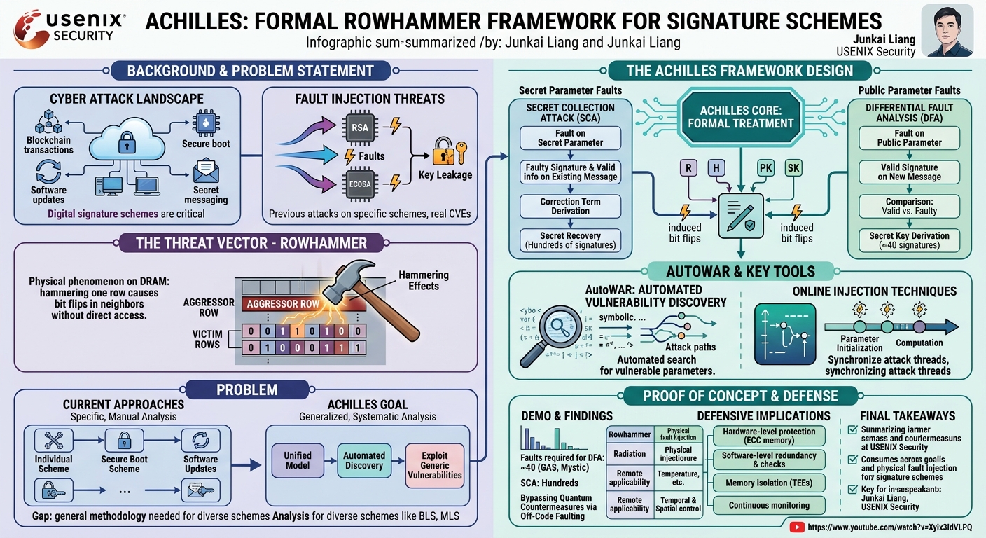 Visual summary for Achilles: A Formal Framework of Leaking Secrets from Signature Schemes via Rowhammer by Junkai Liang