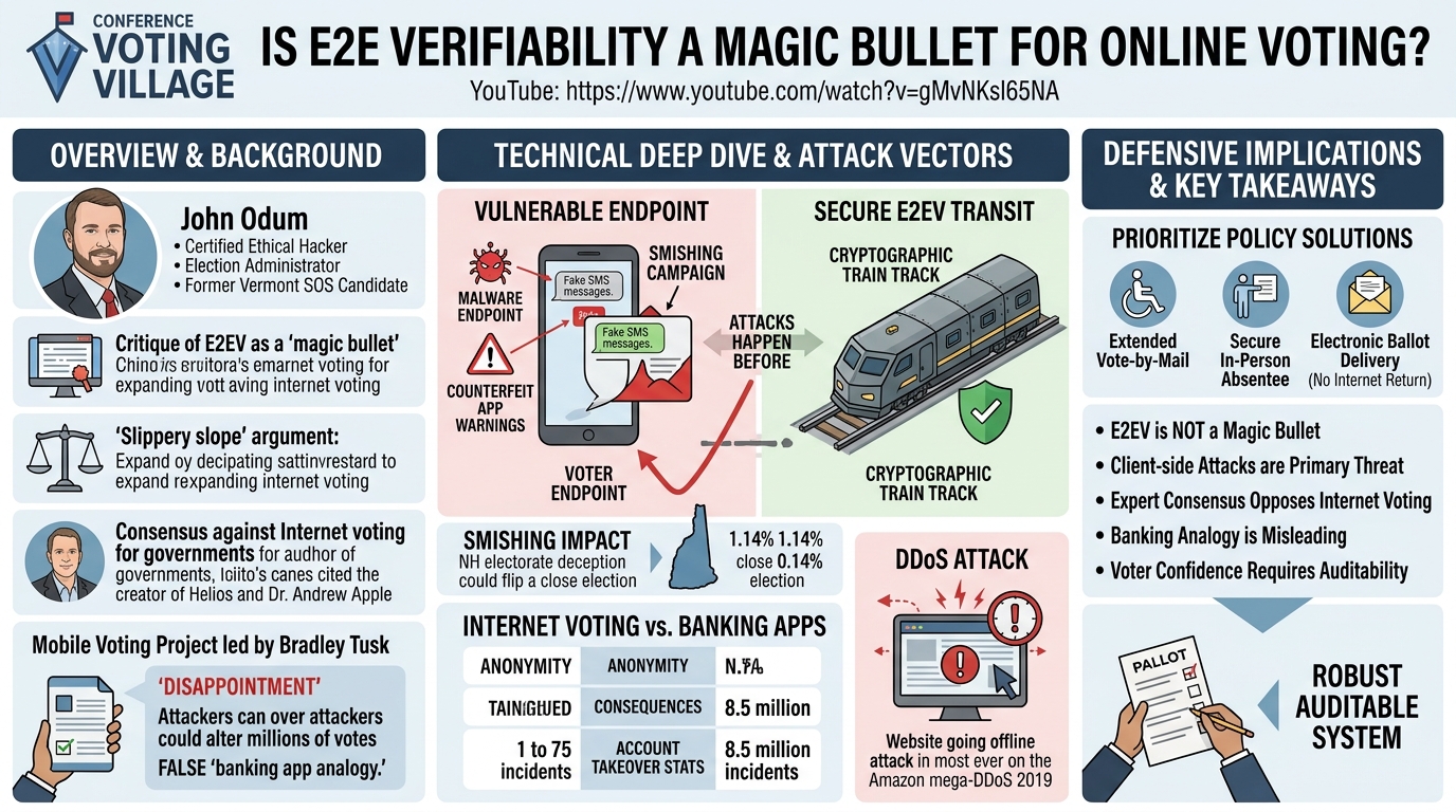 Visual summary for Is E2E Verifiability a Magic Bullet for Online Voting by John Odum
