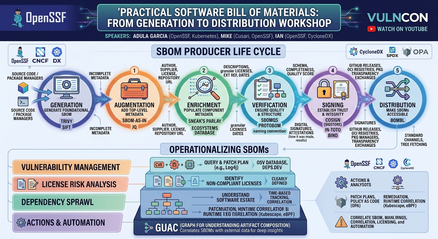 Visual summary for Practical Software Bill of Materials: From Generation to Distribution Workshop by Adula Garcia, Mike